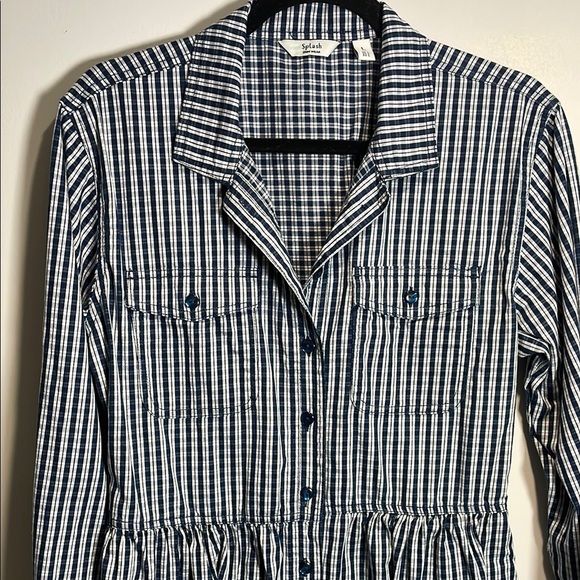 Splash - White and Navy Blue Gingham Long Sleeve Shirt Dress - Picture 4 of 10